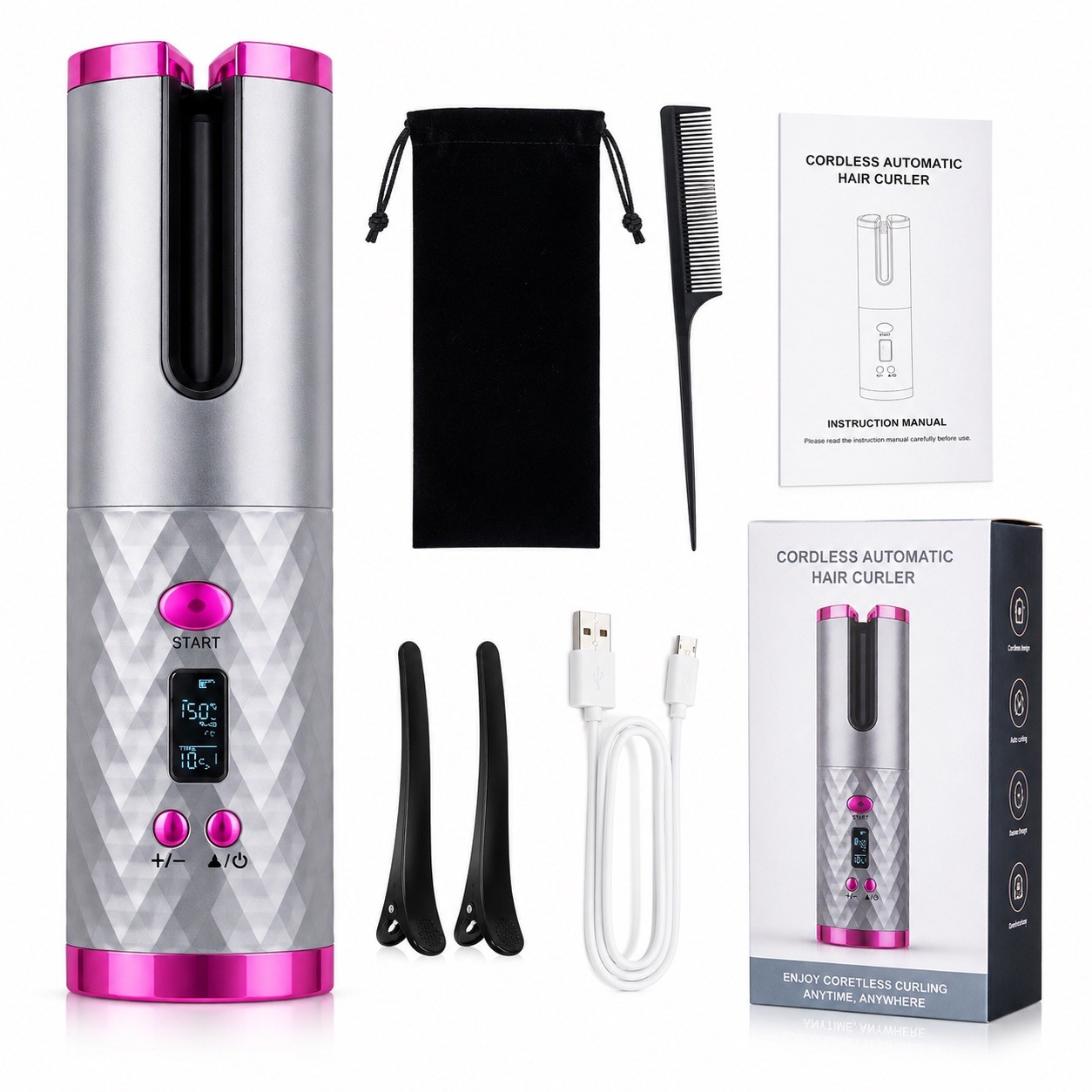 Portable Automatic Hair Curler Wireless Ceramic Curling Iron with LCD Display