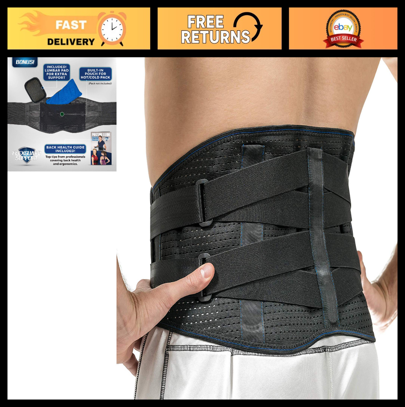 Compression Back Brace Support Belt for Pain Relief, Lumbar Support, Sciatica –