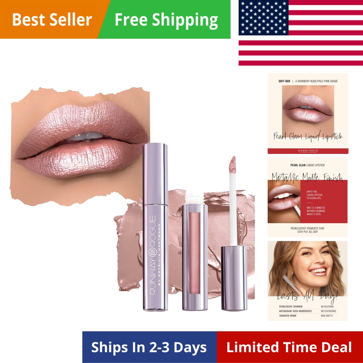 Pearl Glam Long Wear Shimmer Liquid Lipstick, Metallic Nude/Pale-Pink Lipstic…