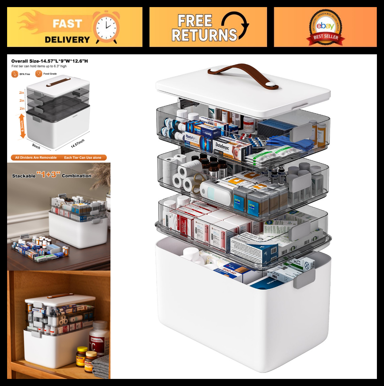 4-Tier Portable Medicine Storage Organizer Box – First Aid, Craft & Sewing Kit w
