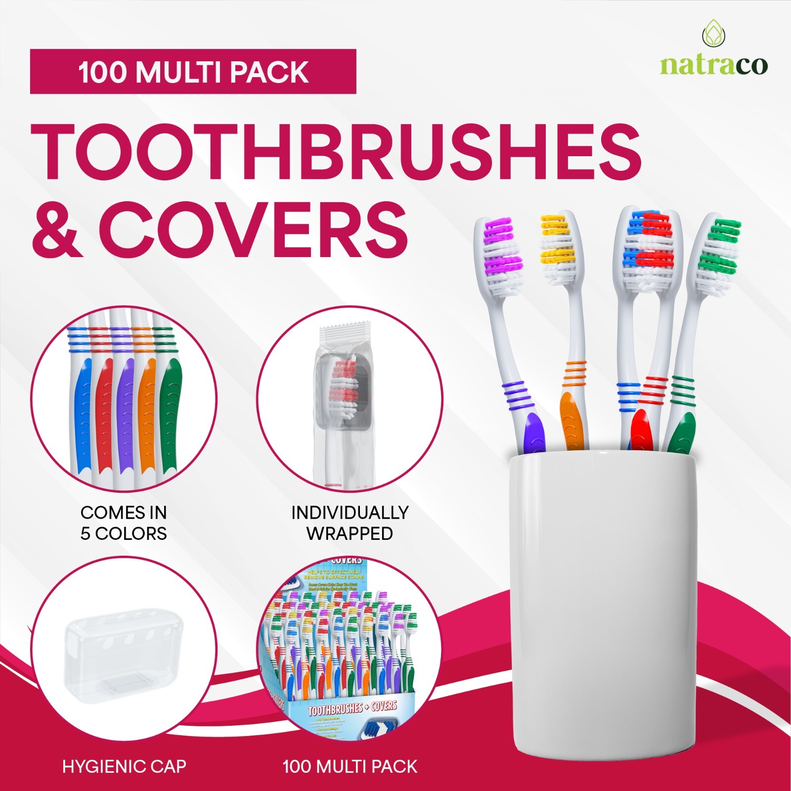 100 Bulk Toothbrushes + Caps, Individually Wrapped, Medium Soft “DAMAGED CARTON”