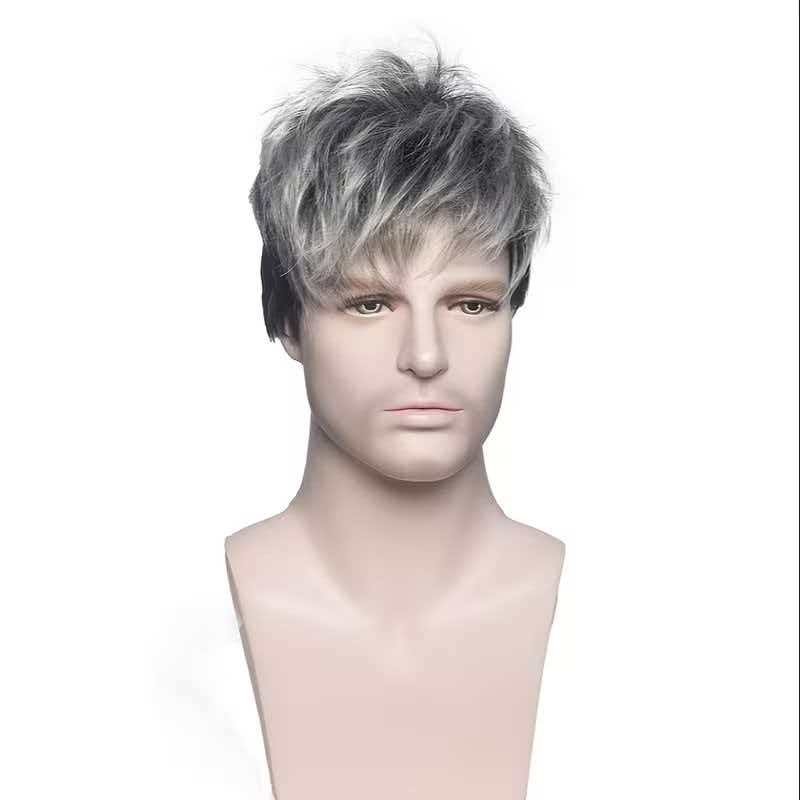 Men’s 6in Short Silver Gray Wig Full Cosplay Synthetic Heat Resistant
