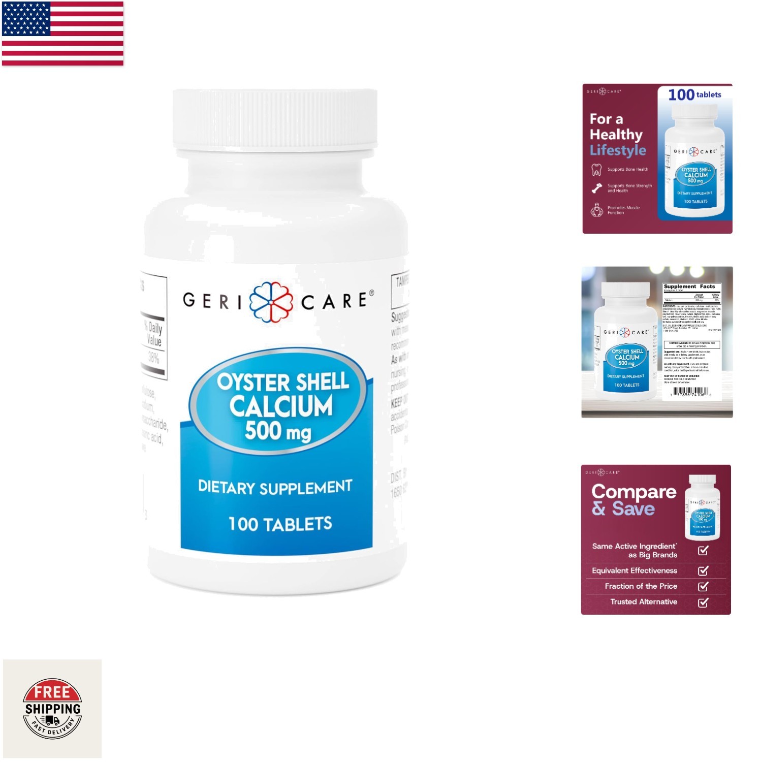 500 mg Oyster Shell Calcium Tablets – Easy to Swallow, 100 Count for All Ages