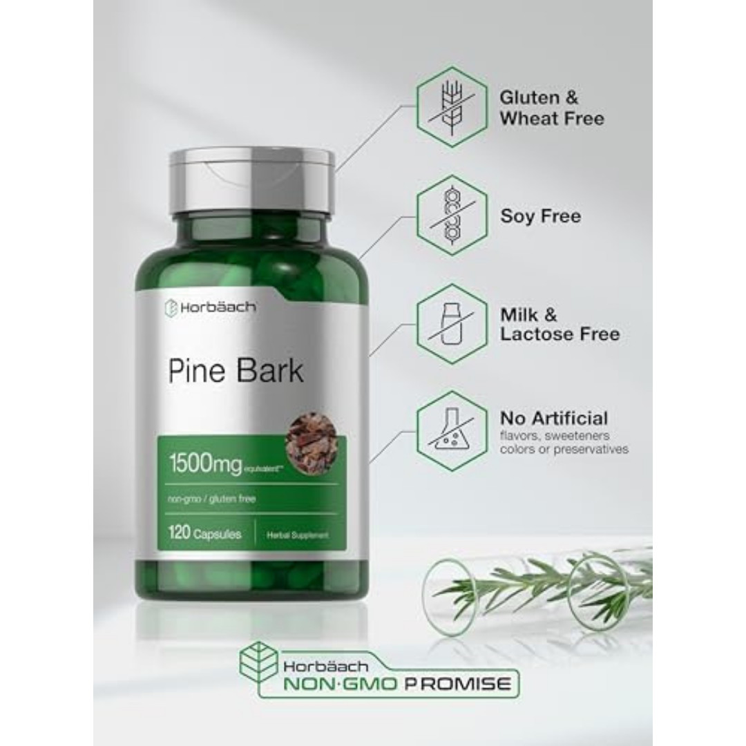Horbäach Pine Bark Extract Capsules 1500Mg, 120 Count, Non-Gmo and Gluten Free