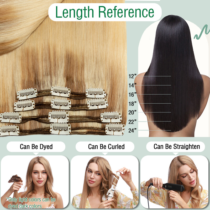 10-24″ Double Weft Clip in 100% Remy Human Hair Extensions Full Head THICK US