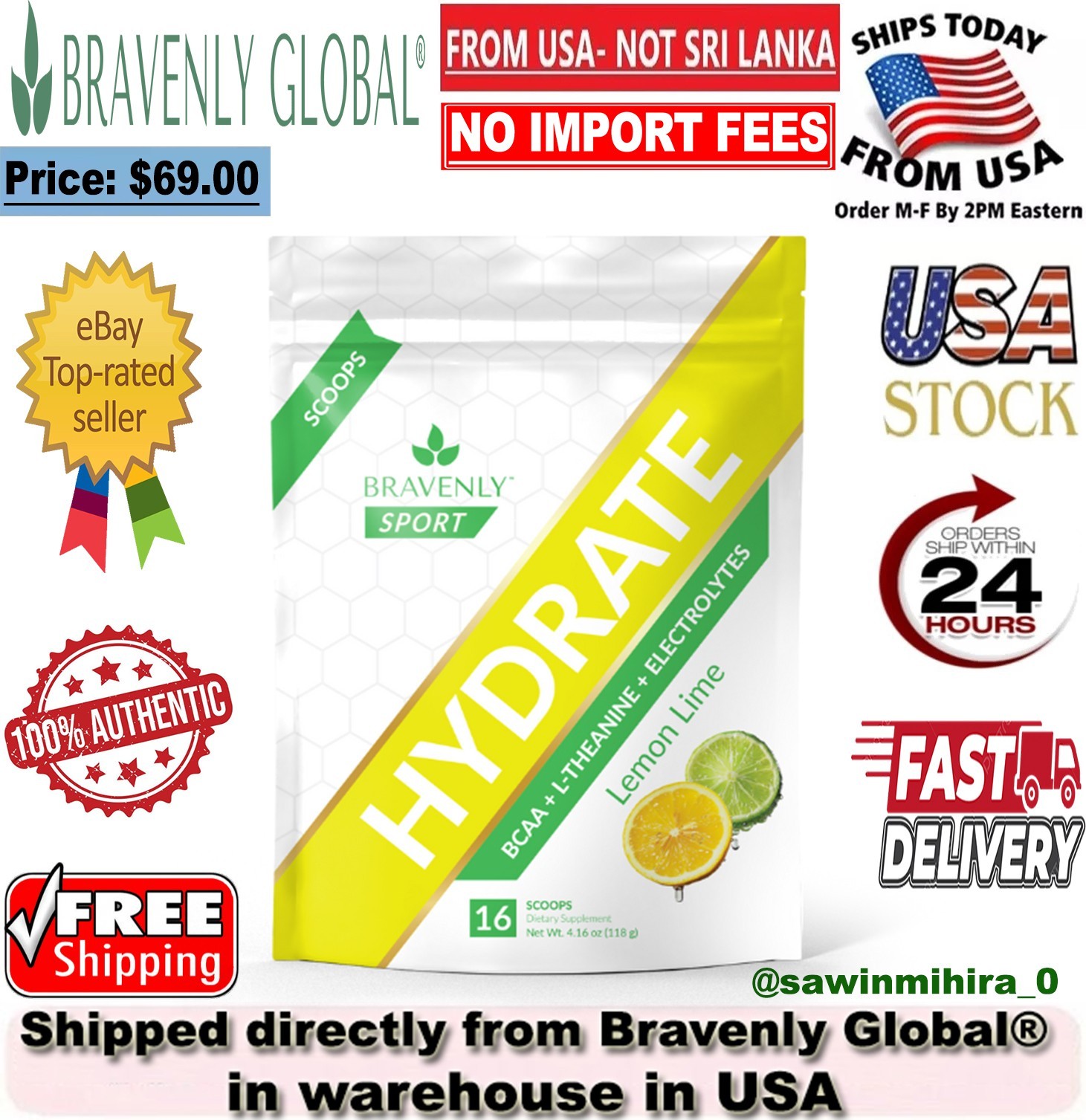 BRAVENLY HYDRATE Lemon Lime Hydration/Muscle Recovery/Performance – New/Sealed🔥