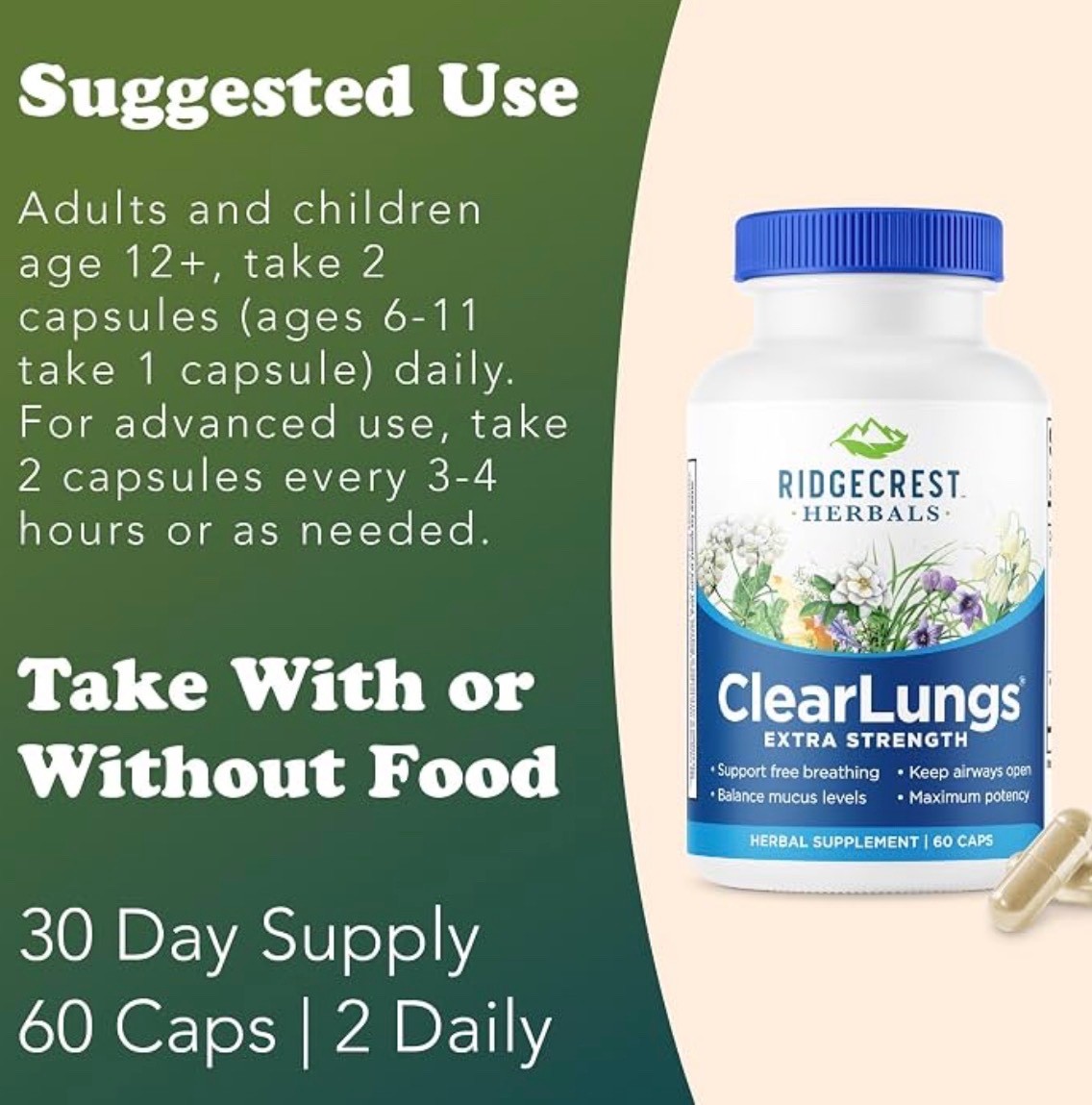 Ridgecrest Herbals Clear Lungs Extra Strength Herbal Supplement 60 caps exp 2029