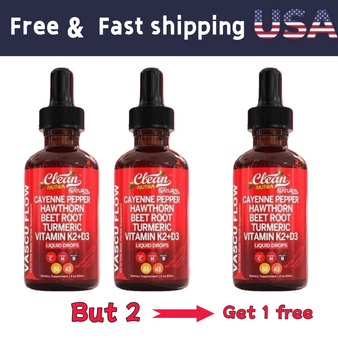3Pack Cayenne Pepper Hawthorn Beet Root Turmeric Vitamin K2+D3 Liquid Drops