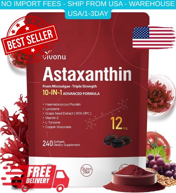 VivoNu Astaxanthin 12mg 240 Softgels 10-in-1 Antioxidant Eye Skin Joint Health
