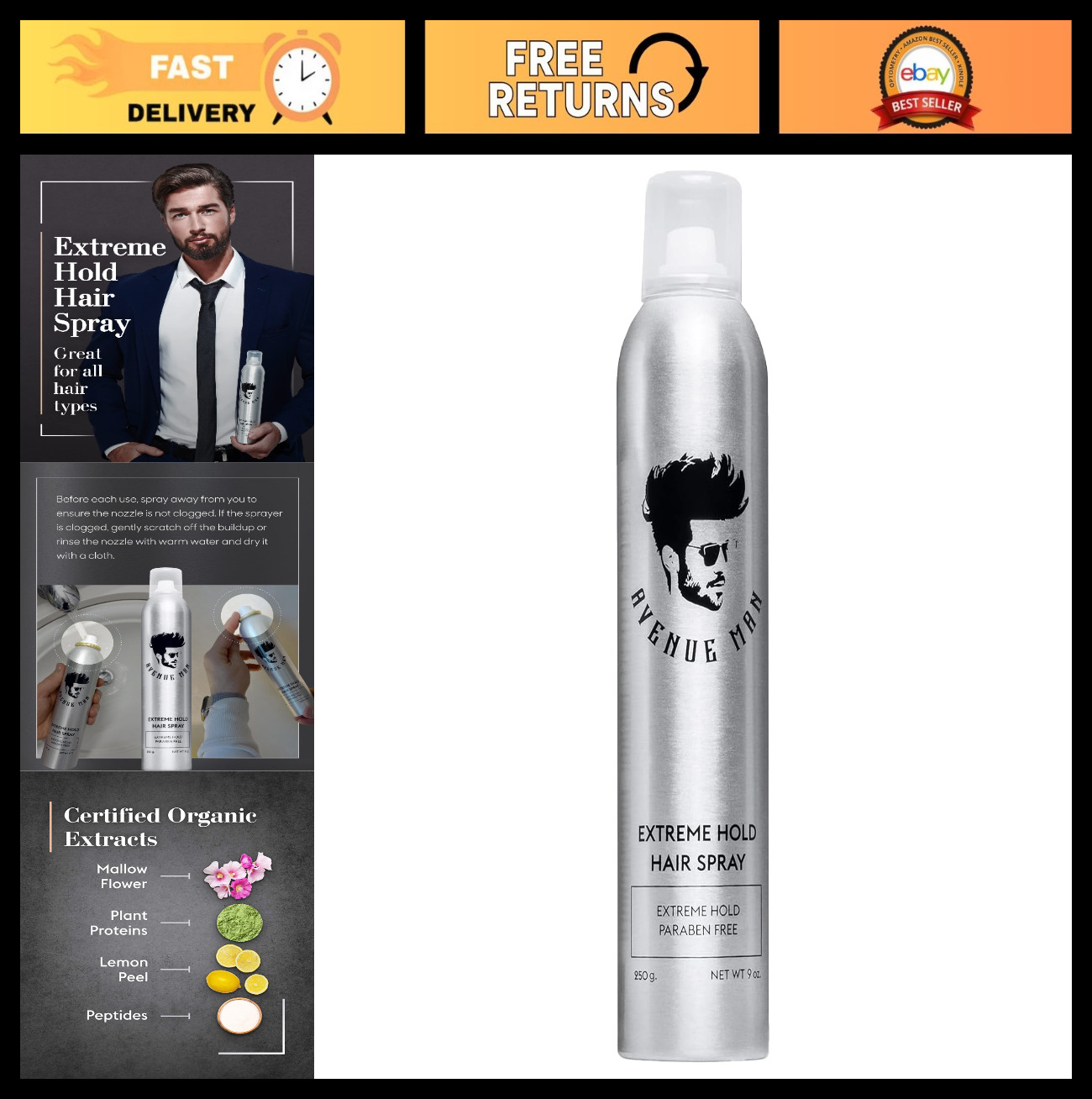 Extreme Hold Hairspray for Men, 9oz – Paraben-Free, Extra Firm Hold, Natural Ext