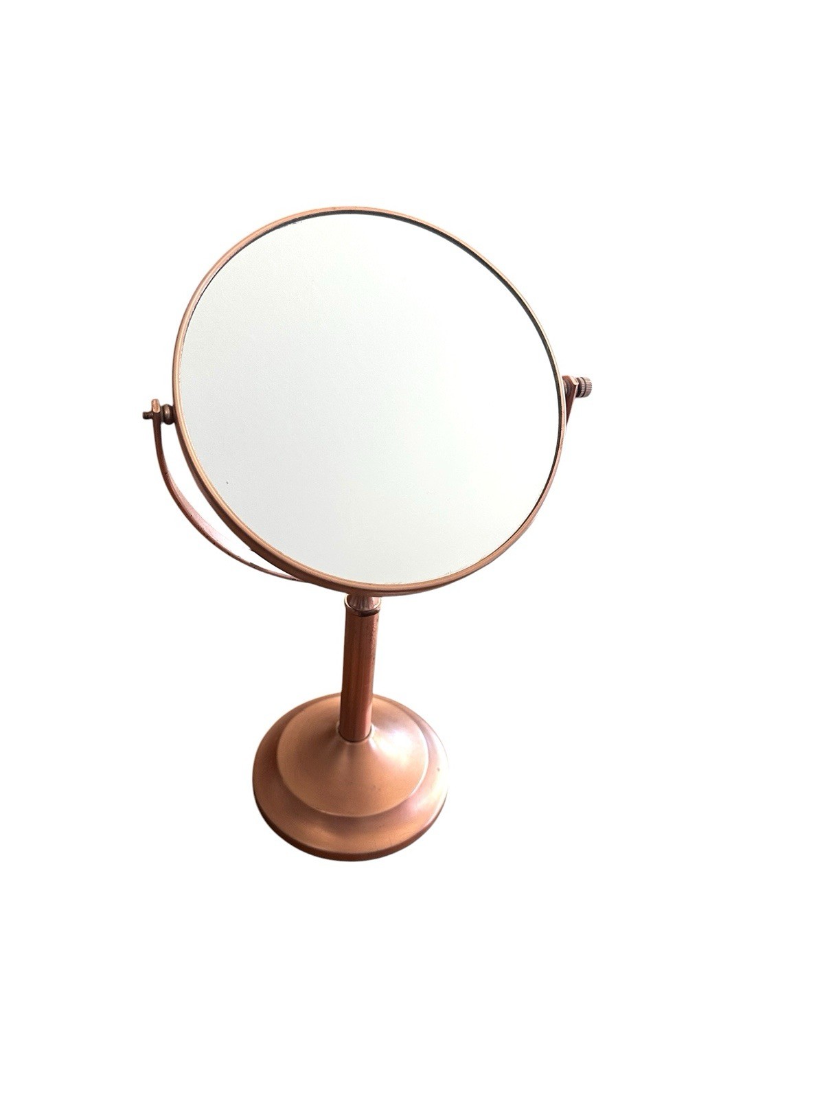 Used Rose Gold Metal Round Tabletop Makeup Mirror 5X Magnifying 13in 8in Dia