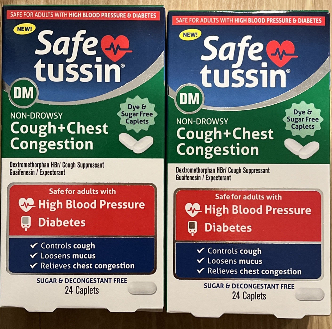 Safe Tussin DM Cough+Chest Congestion; 2 Boxes 24 Non-Drowsy Sugar Free Caplets