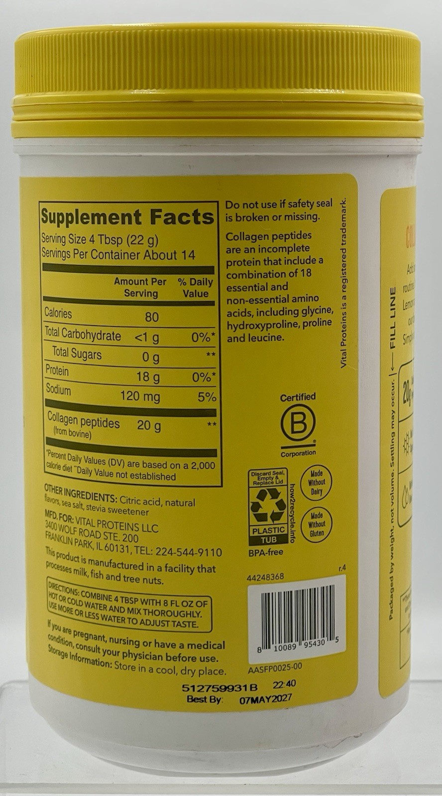 Vital Proteins Collagen Peptides Lemon Dietary Supplement 11oz EXP 05/2027