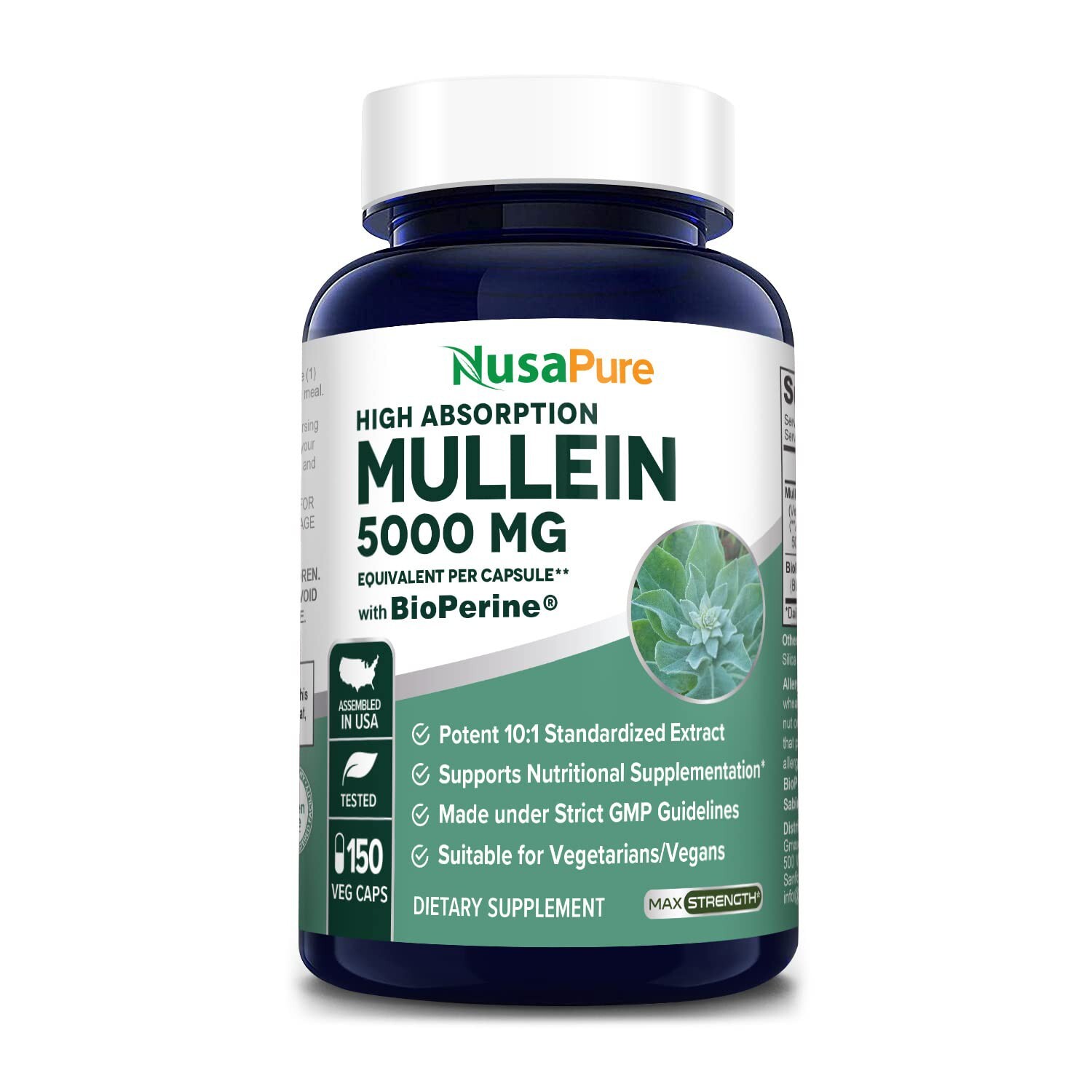 NusaPure Mullein Leaf Capsules 5000mg Per Veggie Caps | 150 Count | Non-GMO
