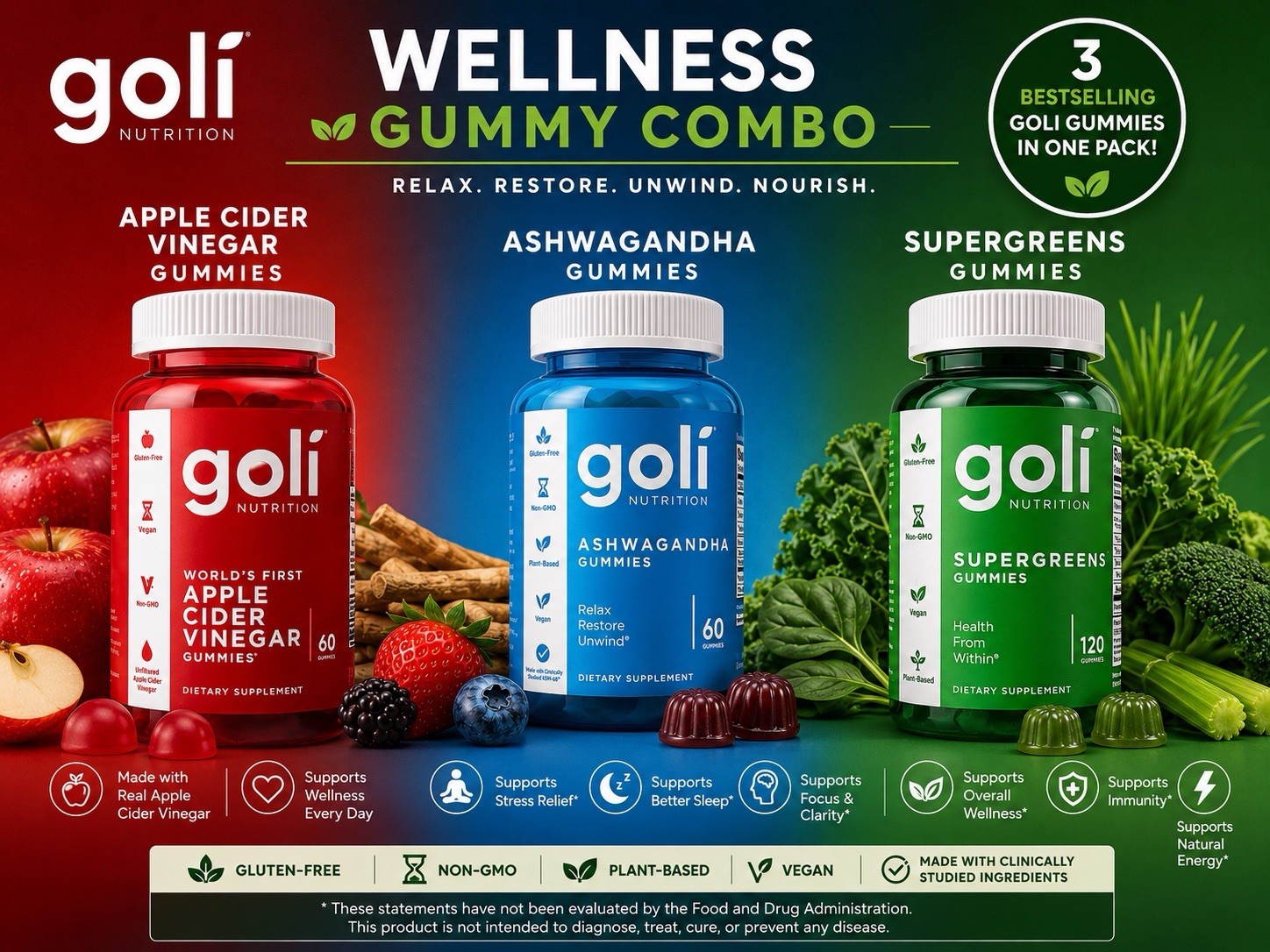 Goli Nutrition Gummies 3 Bottle Pack 60 Count Each