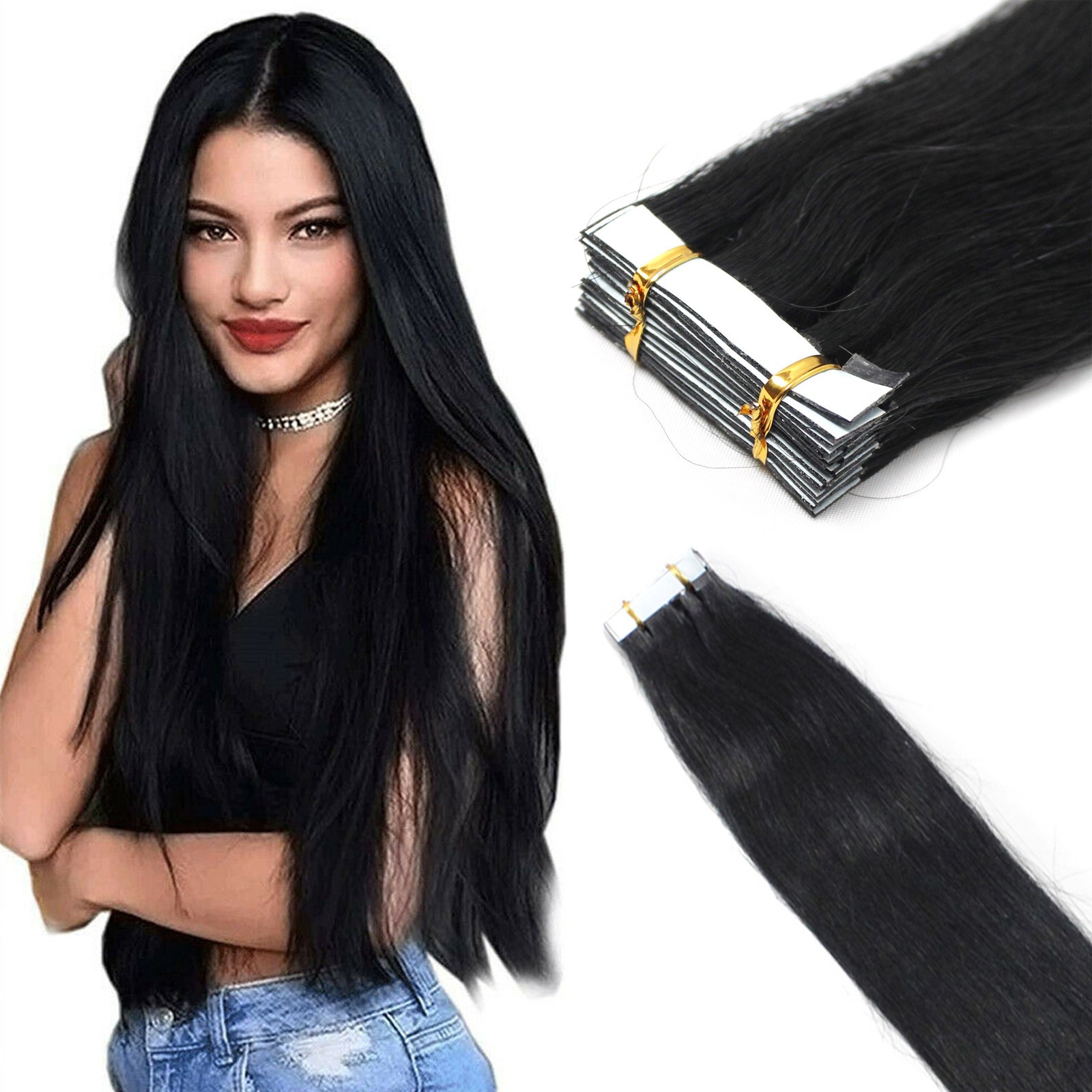 Tape in Human Hair Extensions Invisible Adhesive Glue Skin Weft Remy Hair16-26in