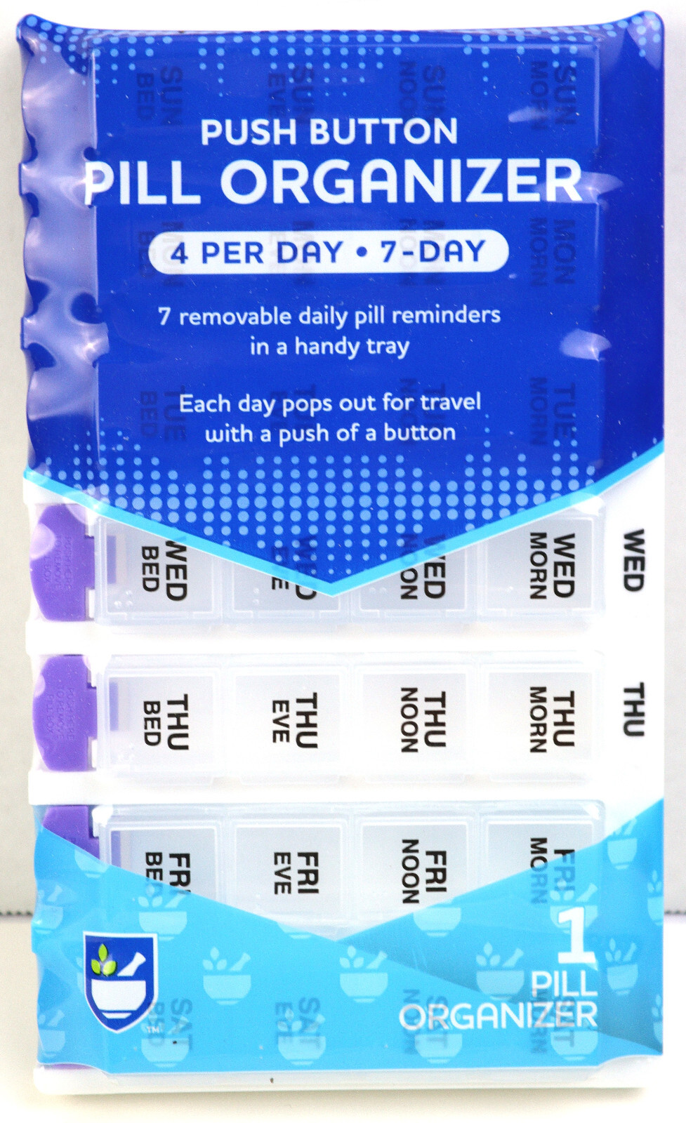 7 Day Pill Organizer 4x Per Day Push Button Removeable Day Trays RiteAid