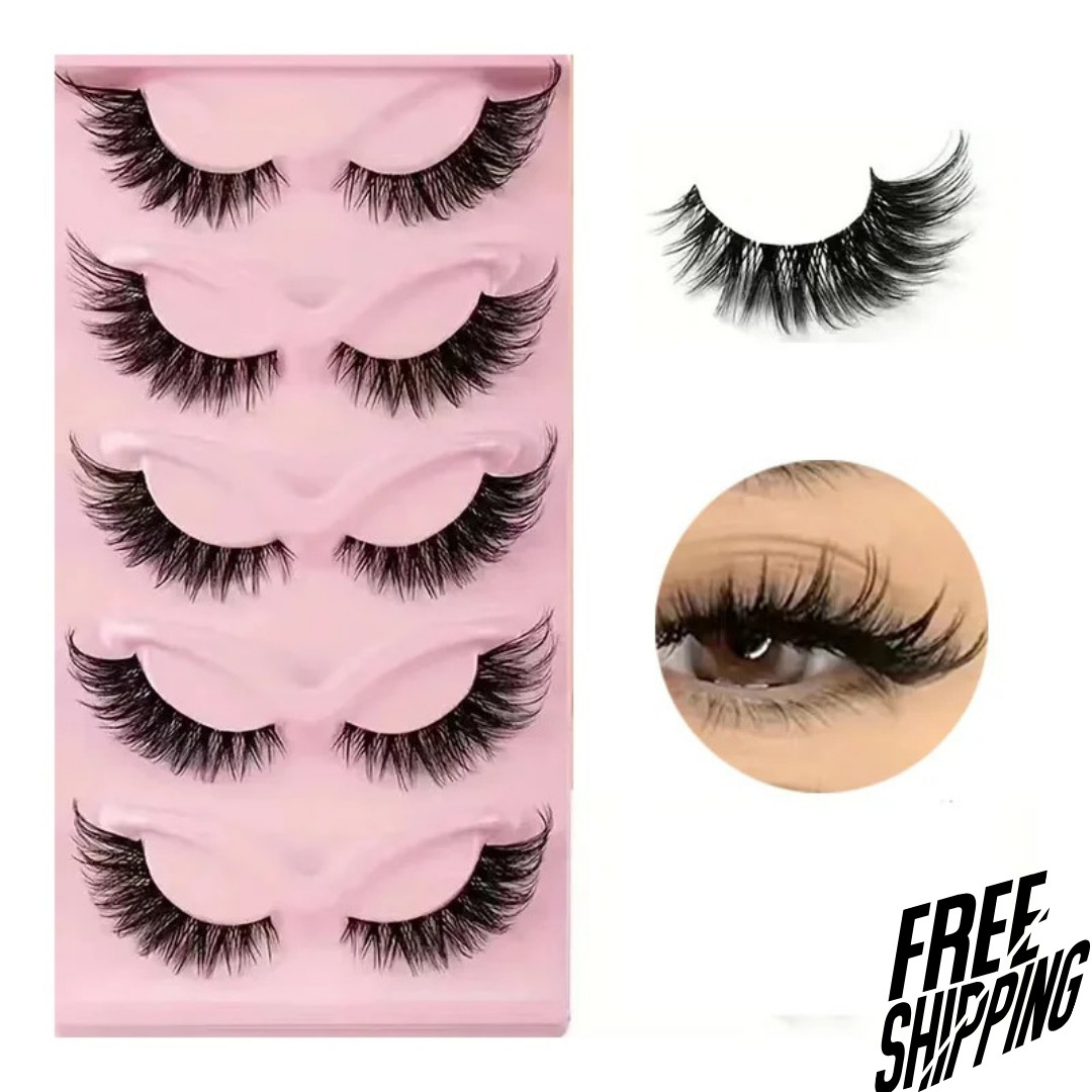 5 Pairs Cat Eye False Eyelashes – Faux Mink Elongated Wispy Lashes