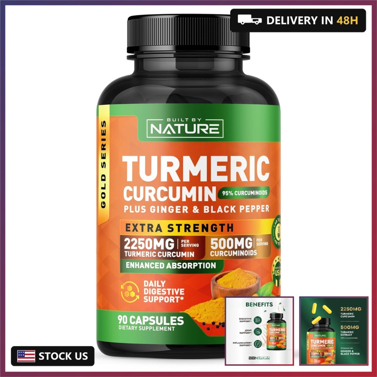Built by Nature Turmeric Curcumin 2250mg, 90 Capsules 95% Curcuminoids, with Gin