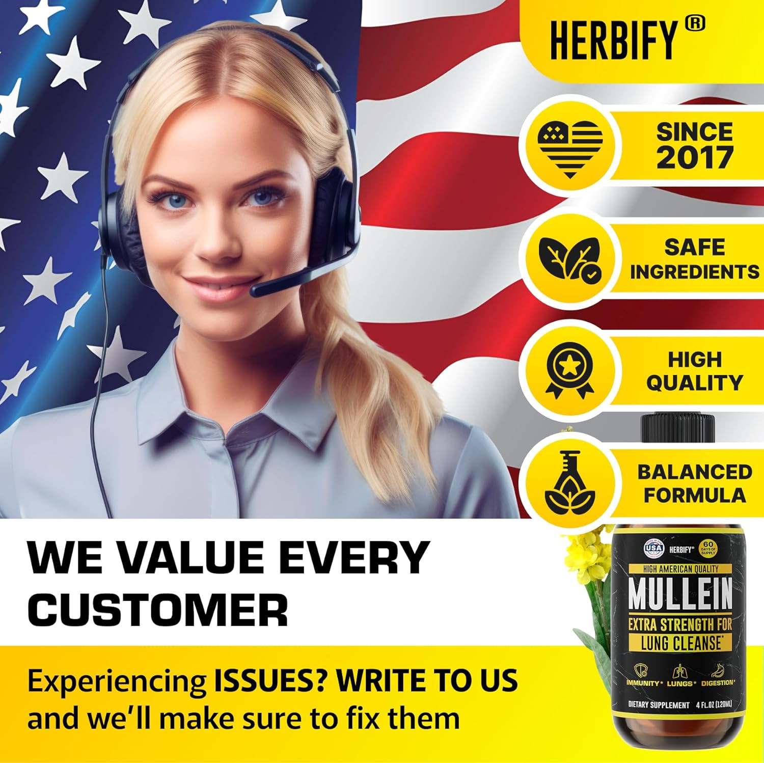 HERBIFY Mullein Drops – Lung Cleanse – Leaf Extract – Powerful Mullein for Immun