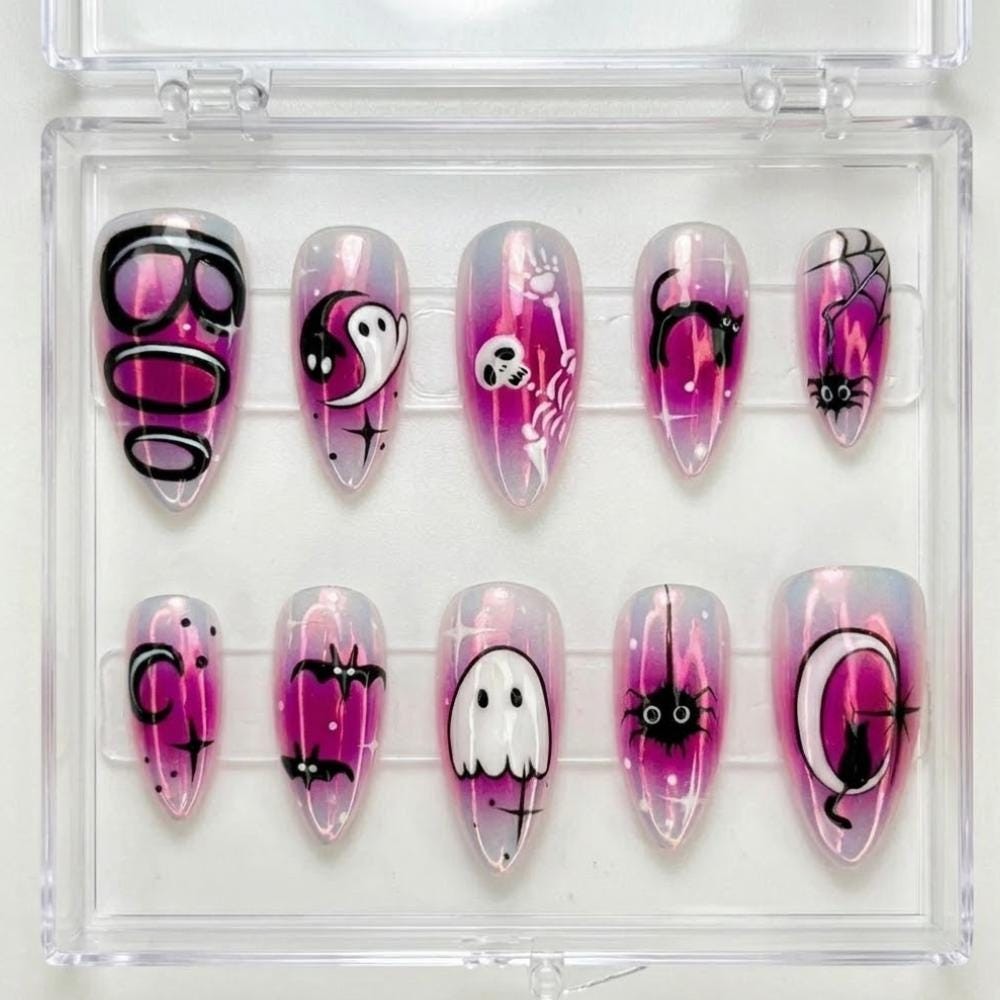 Custom Handmade Pink Aurora Halloween Ghost Cat Bat Stiletto Press on Nails