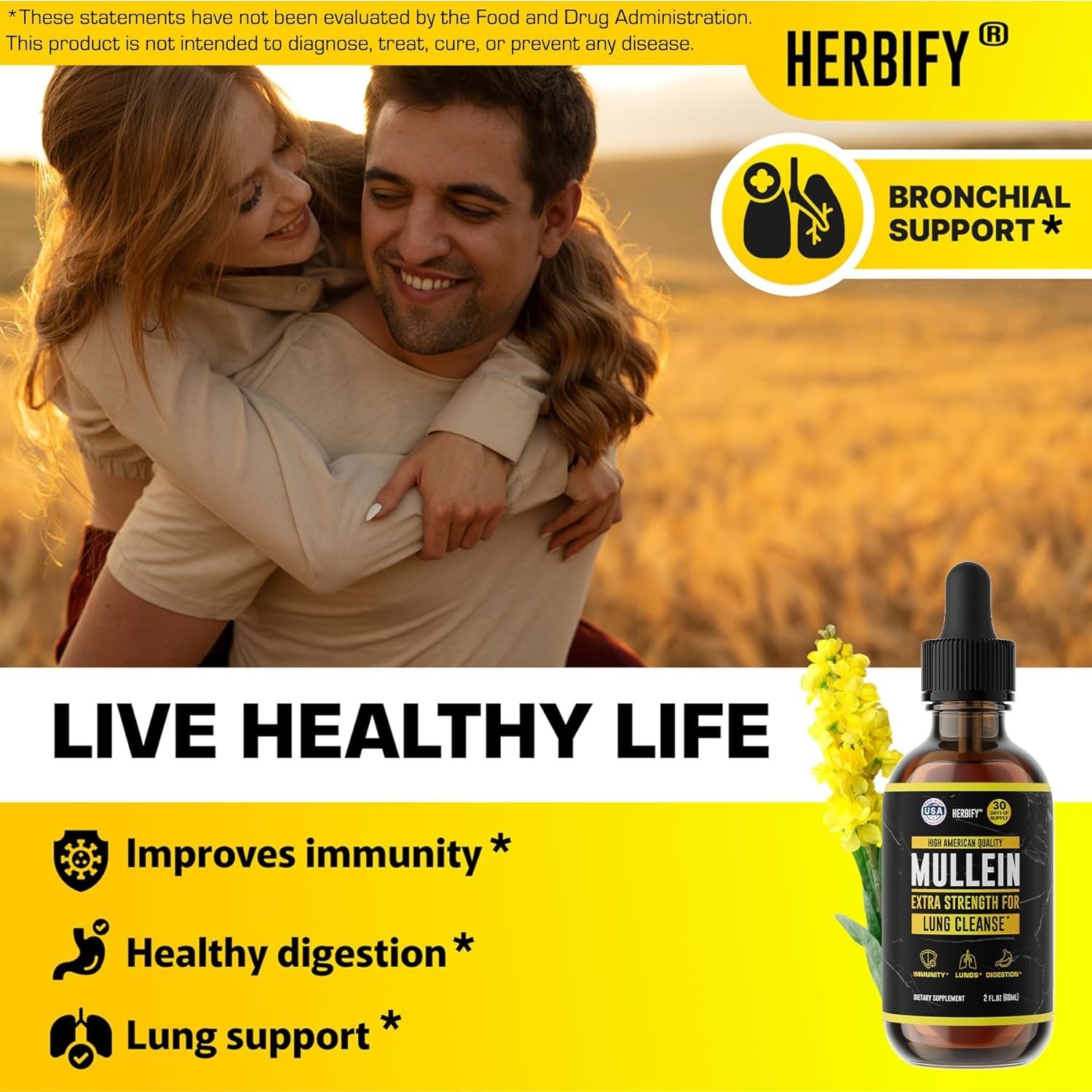 HERBIFY Mullein Extract 2 oz Tincture for Respiratory Health Mullein Leaf and…
