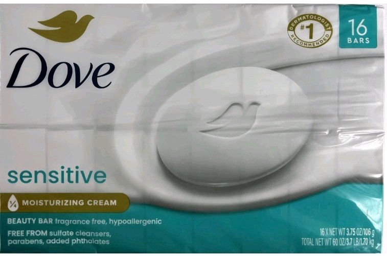 Dove Beauty Bar Soap, Sensitive Skin, Moisturizing, 3.75 Oz, Pack of 16