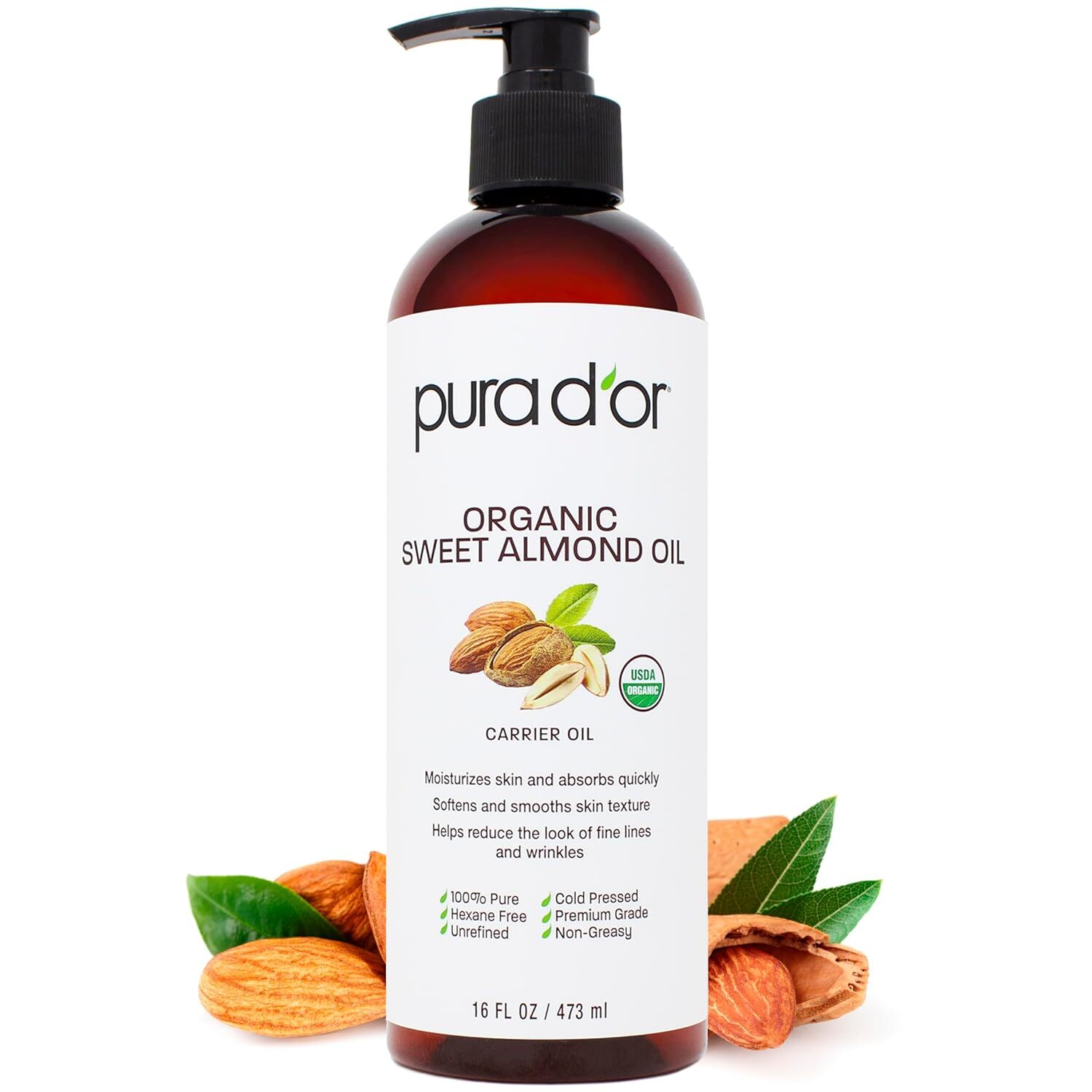 PURA D’OR Dor Sweet Almond Oil 100% Pure USDA Organic 16 oz, for Face & Skin