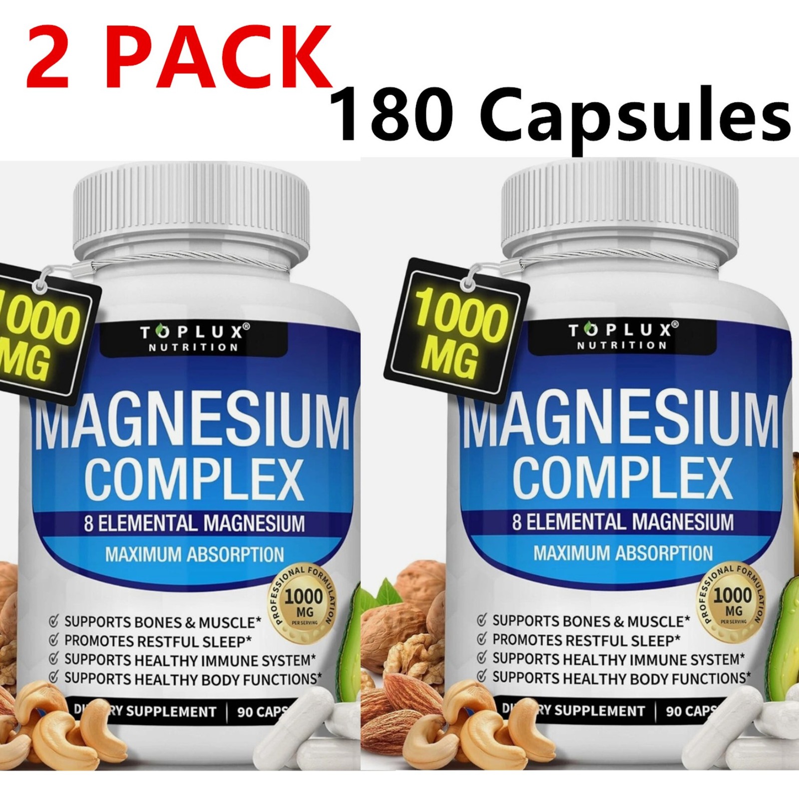 2Pack Magnesium complex supplement: 1000mg of 8-element magnesium, 180 capsules