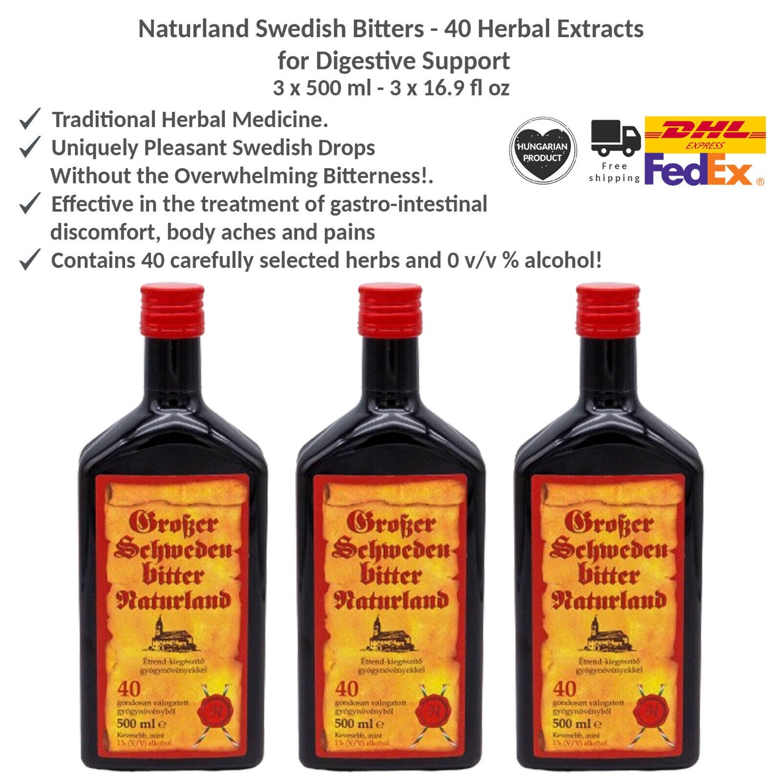 Naturland Swedish Bitters – 40 Herbal Extracts for Digestive Support 500ml x 3
