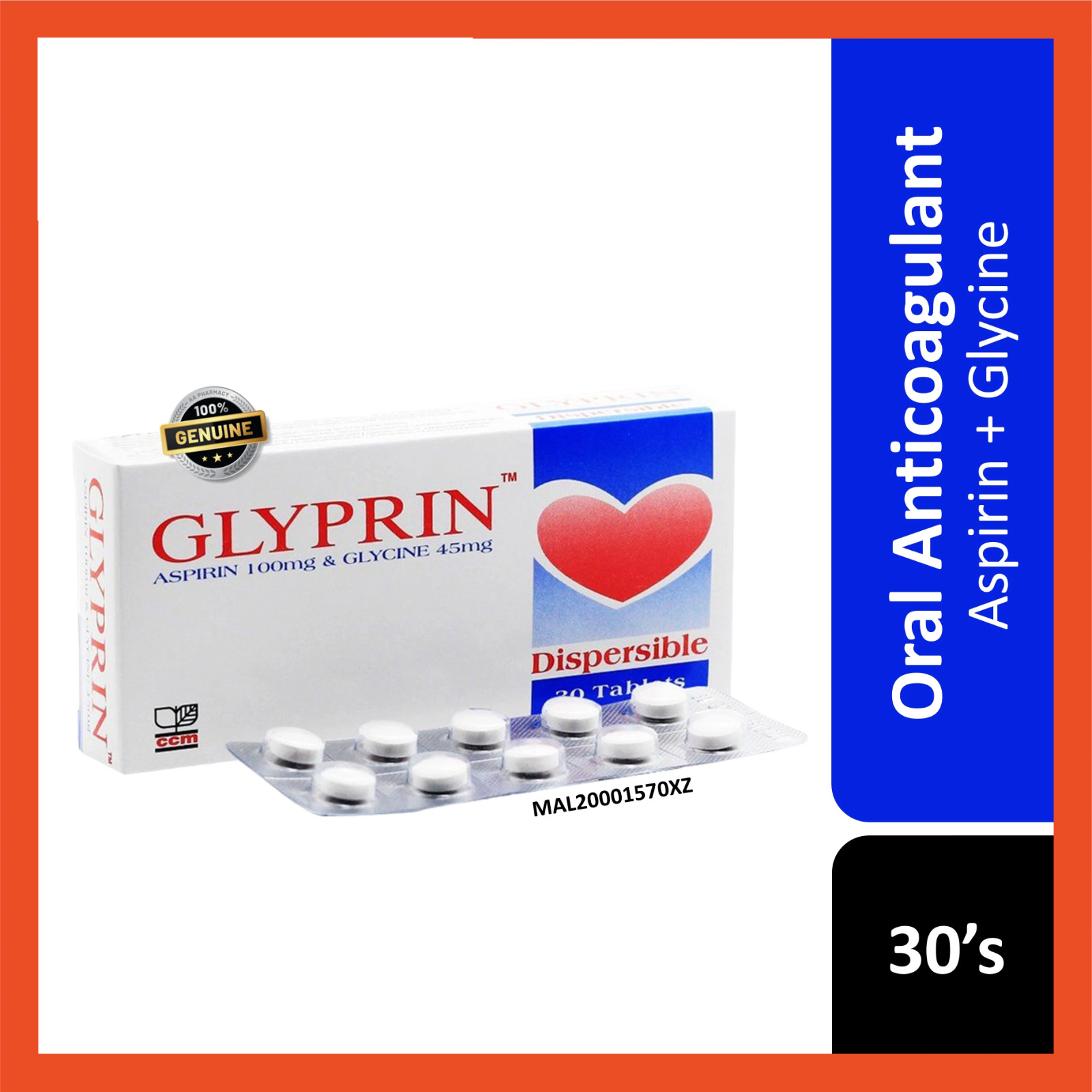 NEW! GLYPRIN Aspirin 100mg + Glycine 45mg 30’s Oral Anticoagulant FREE SHIPPING
