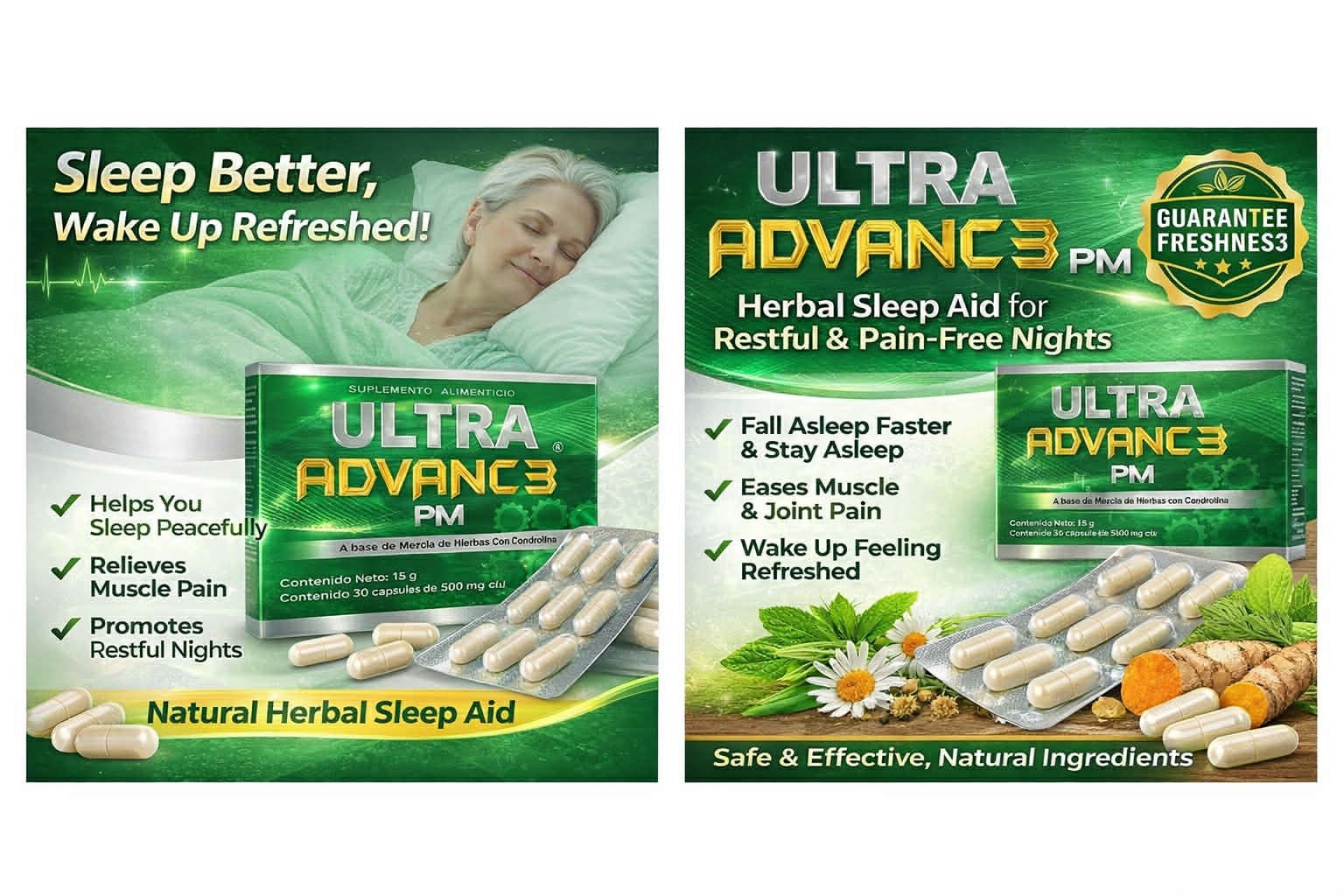 Ultra Advance 3 Green PM Herbs, Natural Sleep Support, Muscle Relit, 30 Capaule
