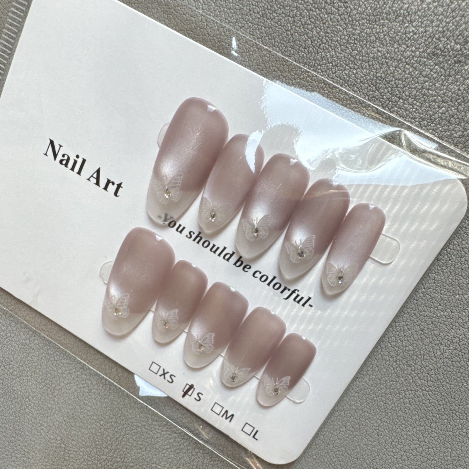Press-On Nails Medium Almond Pink/White Butterfly Theme French Shiny Full Cover