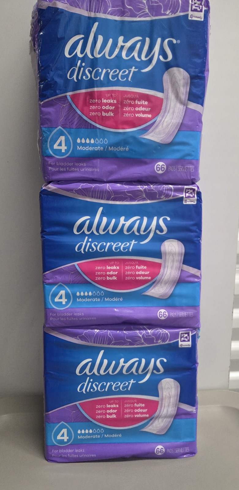 3 Always Discreet Incontinence & Postpartum Pads, Moderate Absorbent, 198 Count