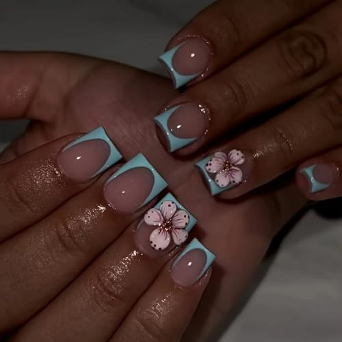 24 Pcs Floral Press on Nails Blue French Tip Fake Nails Extra Short Style 18