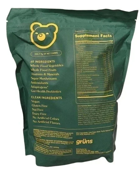 Gruns Adults Super Greens Gummies Bears NO SUGAR Superfood 28 Packs