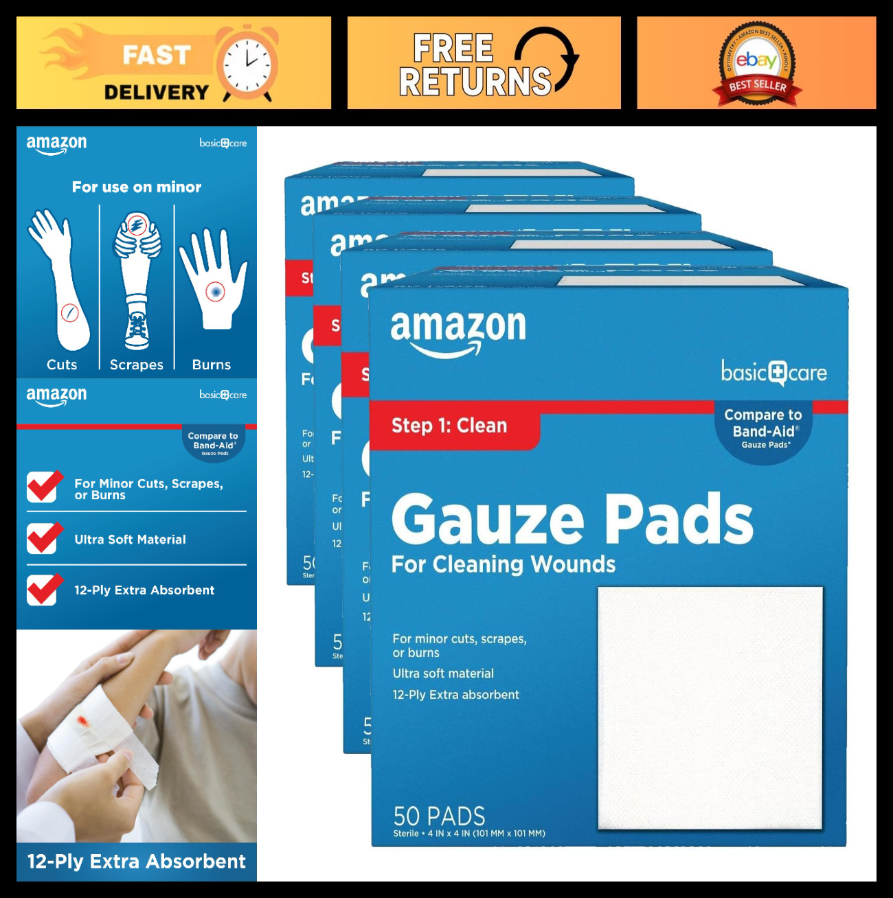 Sterile 4×4 Inch Gauze Pads, 50 Count – Pack of 4 for Minor Wounds & Injuries