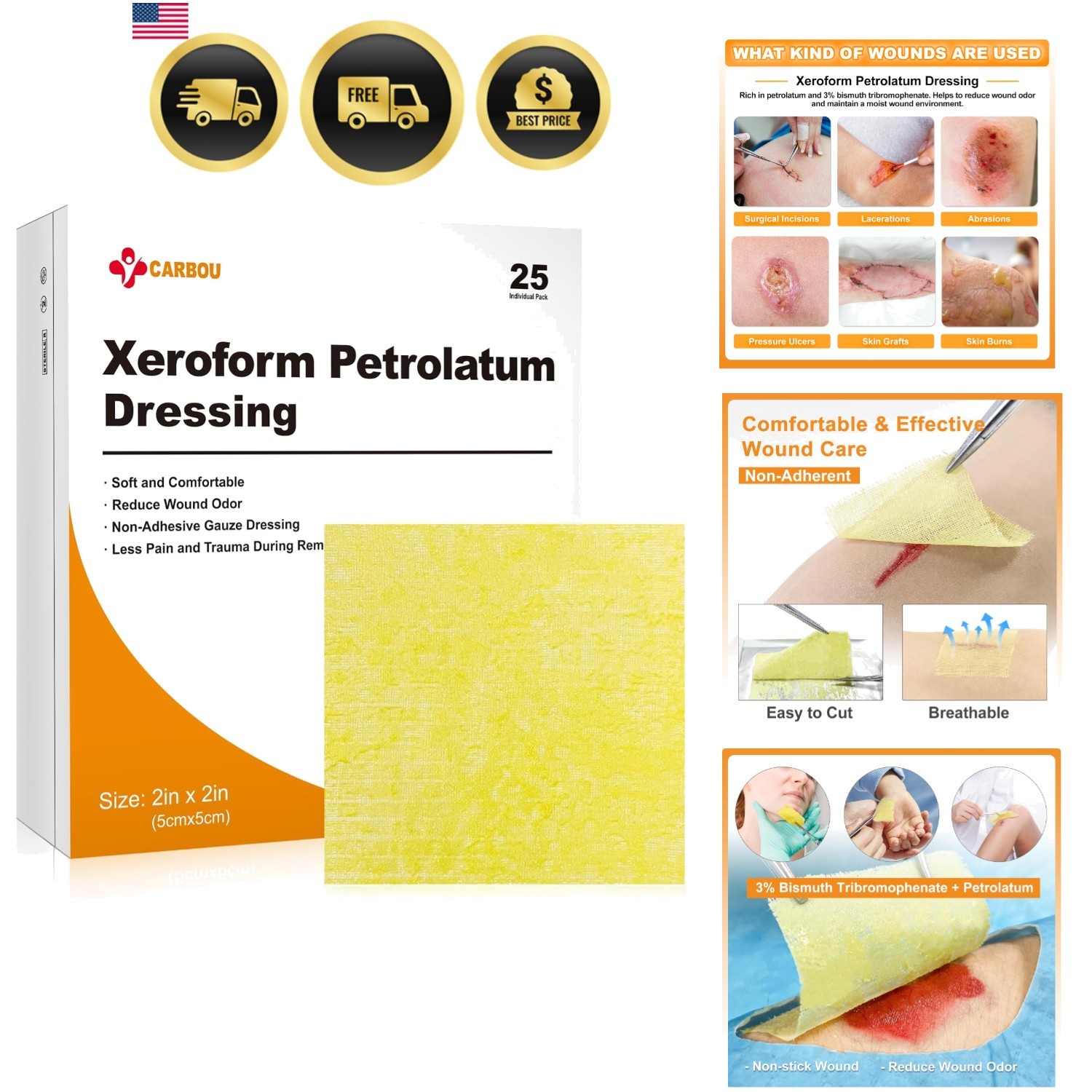 Medical Xeroform Petrolatum Dressing 2″x2″, 25 Individual Pack, Non-Adherent …