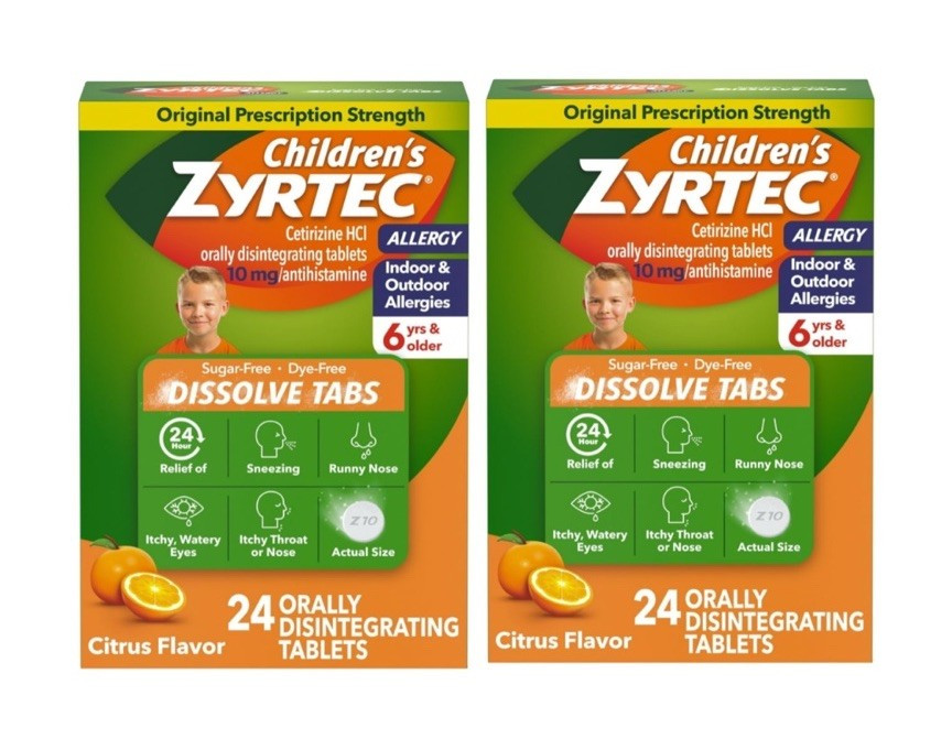 (2) Children’s Zyrtec Cetirizine HCl 10 mg Antihistamine 24HR Citrus 24 Ct