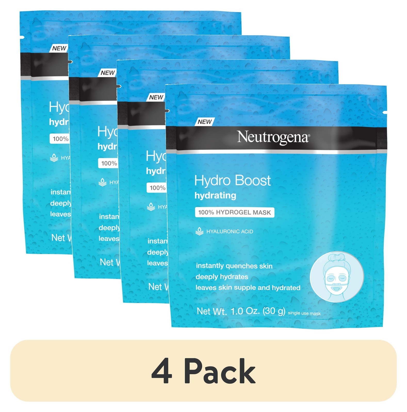 (4 Pack) Hydro Boost Hydrating Face Mask, Hyaluronic Acid Face Sheet Mask, 1 Oz