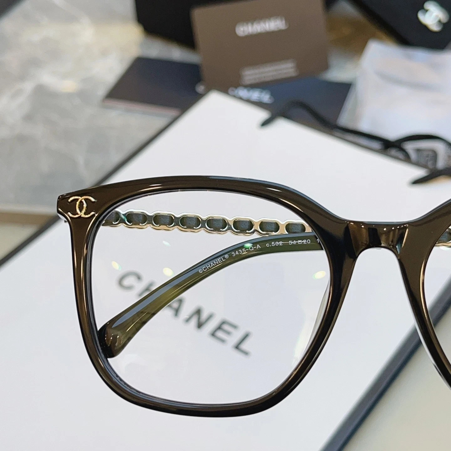 Chanel 3435 black rectangular frame transparent lenses 54 20-140 women’s glasses