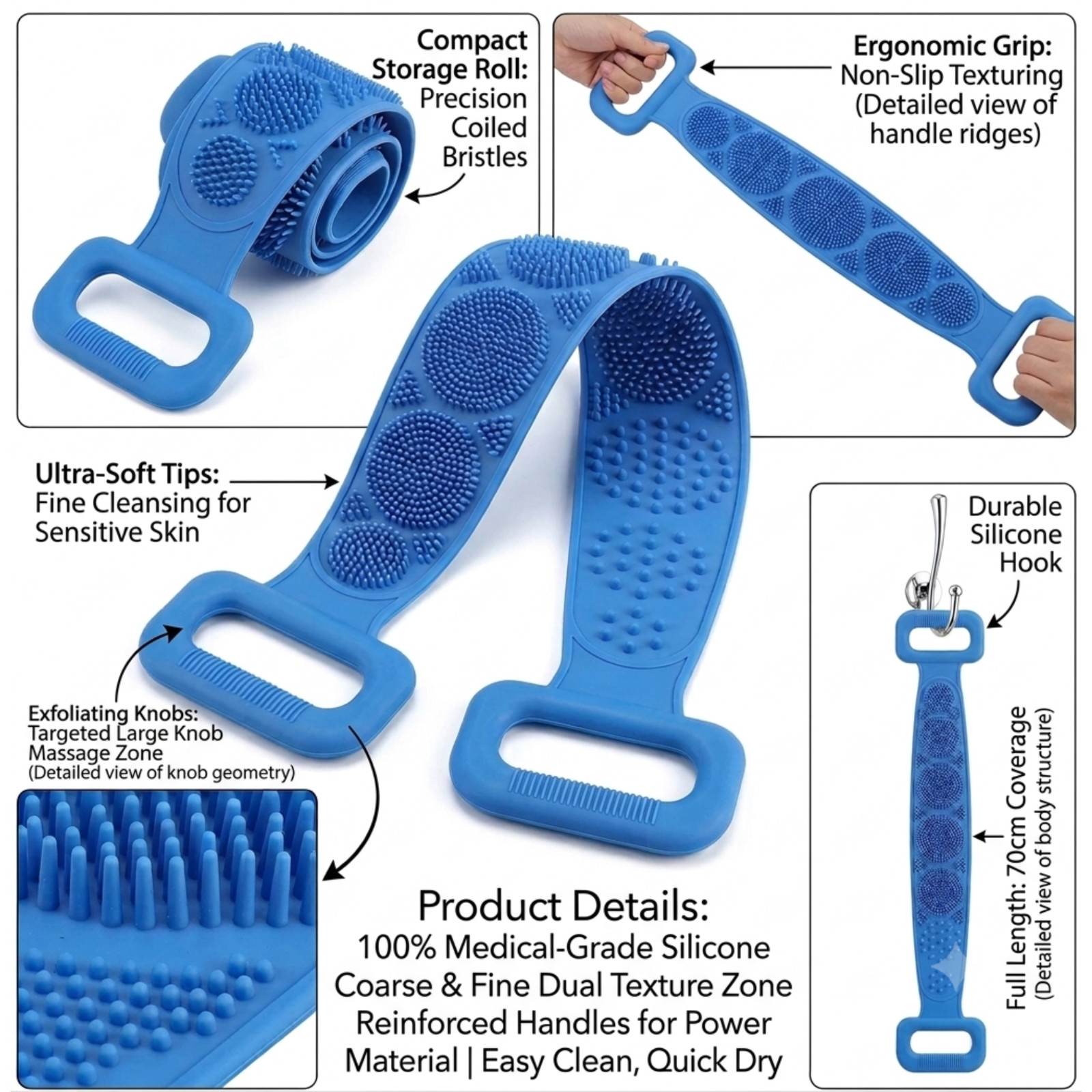 Silicone Body Back Scrubber Double Side Bathing Brush Shower Skin Deep Cleaning