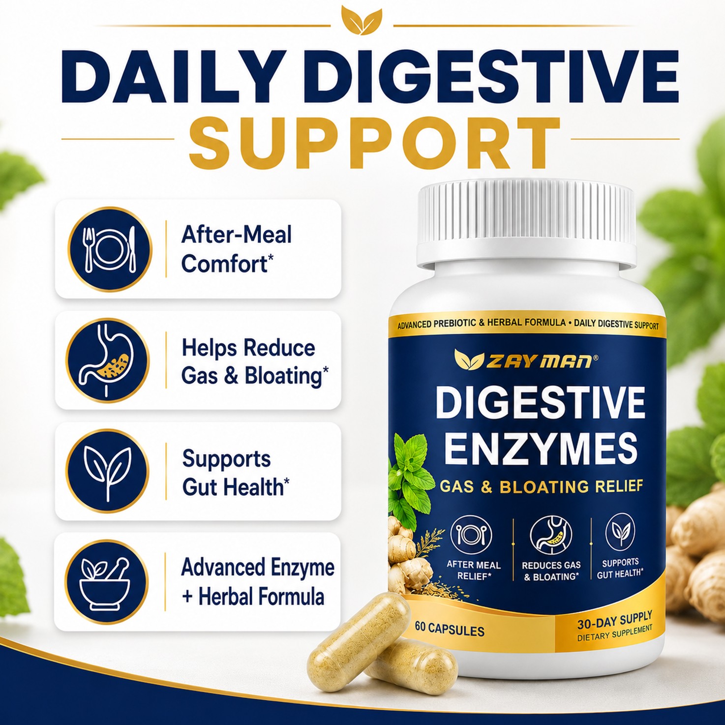 Digestive Enzymes Gut Health Supplement 60 Capsule for Gas Bloating Relief & Gut