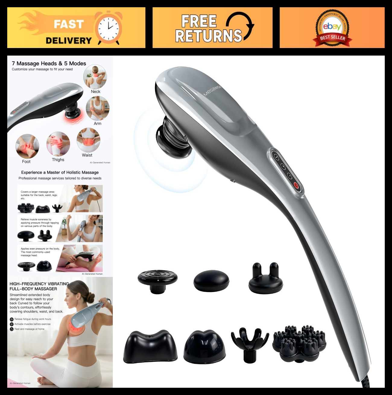 Handheld Deep Tissue Massager for Neck, Back, Shoulders & Legs – 3600 RPM, 5 Spe