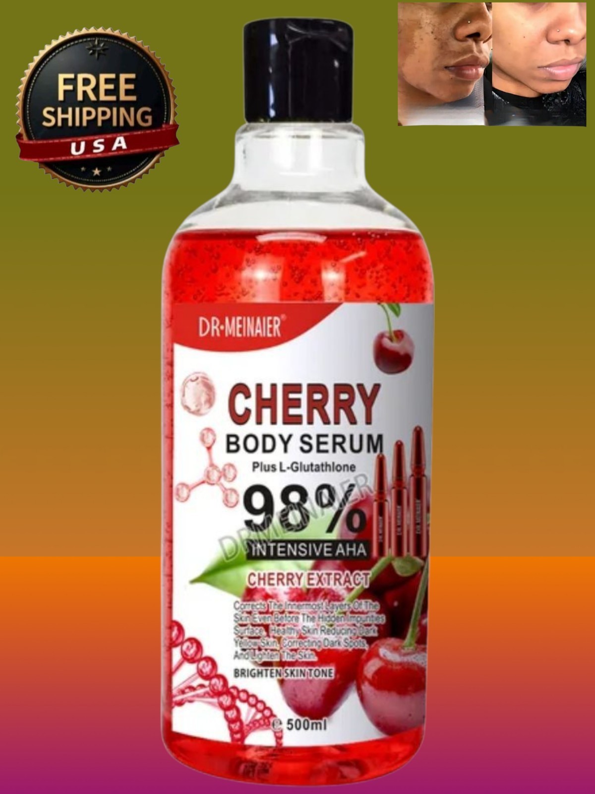 AHA Skin Whitening Serum Cherry Face & Body Essence, 500ml [USA Stock 🇺🇸]