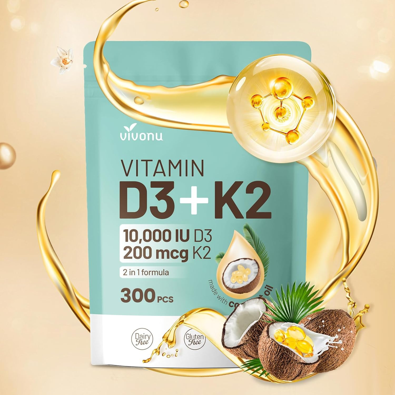 Vivonu Vitamin D3 10000 IU + K2 MK-7 200 mcg, 300 Softgels – Coconut Oil Enhance