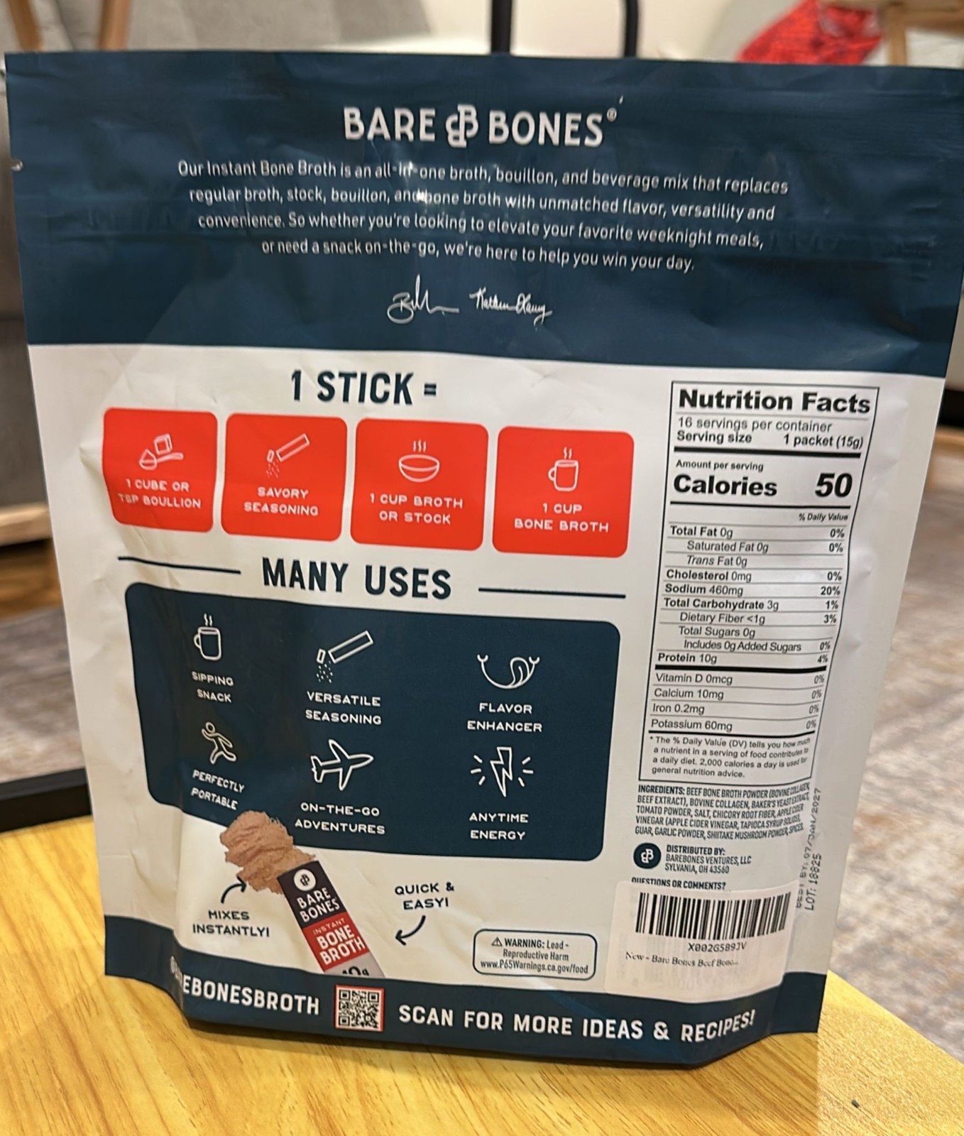 Bare Bones Beef Bone Broth Instant Powder Mix 16 Pack Keto Paleo 10g Protein