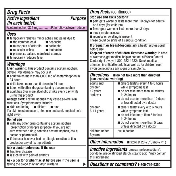 Equate Regular Strength Pain Reliever Acetaminophen Tablets, 325mg 100 Count