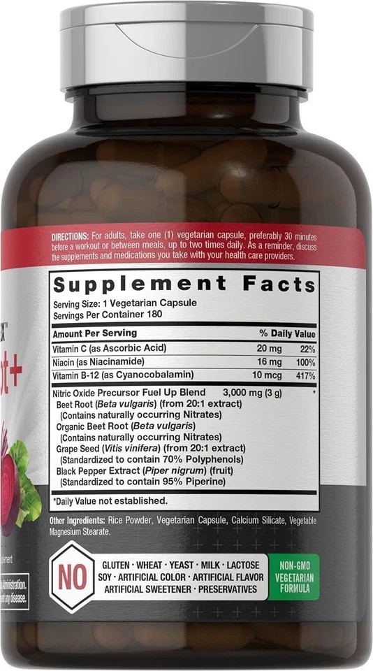 Nitric Oxide Beet Root Capsules | With Nitrates | 180 Count | Horbaach by