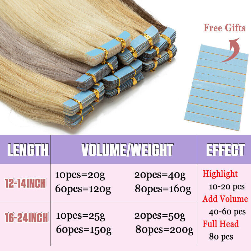 40PCS Tape In On Stick Remy Human Hair Extensions Skin Weft 10″-24″ Thick Blonde